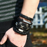 Vintage Handmade Feather Multilayer Leather Bracelet Sets Men Fashion Braiding Coffee Rope Wrap Bracelets &amp; Bangles Male Gift