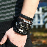 Vintage Handmade Feather Multilayer Leather Bracelet Sets Men Fashion Braiding Coffee Rope Wrap Bracelets &amp; Bangles Male Gift