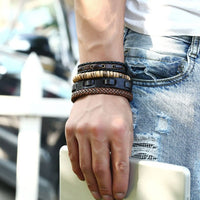 Vintage Handmade Feather Multilayer Leather Bracelet Sets Men Fashion Braiding Coffee Rope Wrap Bracelets &amp; Bangles Male Gift