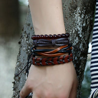 Vintage Handmade Feather Multilayer Leather Bracelet Sets Men Fashion Braiding Coffee Rope Wrap Bracelets &amp; Bangles Male Gift