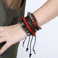 Vintage Handmade Feather Multilayer Leather Bracelet Sets Men Fashion Braiding Coffee Rope Wrap Bracelets &amp; Bangles Male Gift