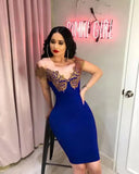 Lace Women Party Dress Bodycon V-neck Short Sleeve Skater Dress Elegant Blue Club Dress Vestidos