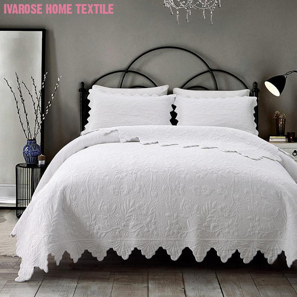 100% Cotton Quilted Stitched Elegant Bedspread set with Decorative Pillow Shams 3Pcs White Soft Bedspread Bed Coverlet Set