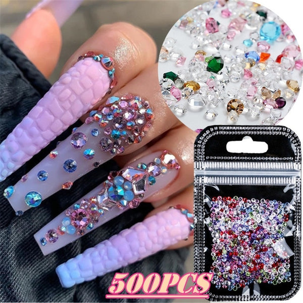 500Pcs/Set Multi-size Crystal AB Glass Nail Caviar Beads Glitter Rhinestones for Nail Design Nail Art Decorations 3D Micro Beads