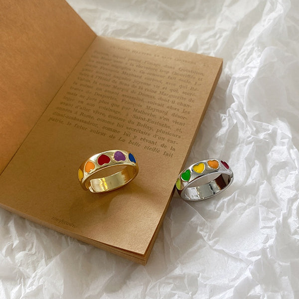 AOMU Vintage Bohemia Colorful Enamel Love Heart Ring Cute Simple Metal Gold Silver Color Rings for Women Punk Rock Jewelry