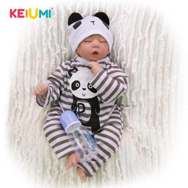 Wear Panda Romper 20 Inch Reborn Baby Dolls Soft Silicone Newborn Sleeping Babies Toy Lifelike Doll With Hair Kids Birthday Gift