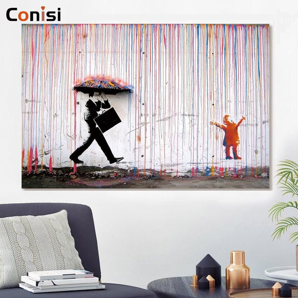 Conisi Graffiti Art Wall Painting Street Artwork Doodle Poster Banksy Colorful Rain Dady and Kid Home Decor for Kids Bedroom