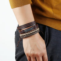Vintage Handmade Feather Multilayer Leather Bracelet Sets Men Fashion Braiding Coffee Rope Wrap Bracelets &amp; Bangles Male Gift
