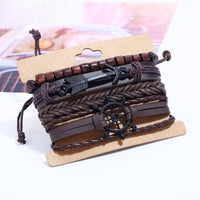 Vintage Handmade Feather Multilayer Leather Bracelet Sets Men Fashion Braiding Coffee Rope Wrap Bracelets &amp; Bangles Male Gift