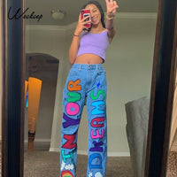 Weekeep Letter Print Fashion Streetwear Jeans Women High Waist Baggy Vintage Straight Trousers  Leisure Female Cargo Denim Pants