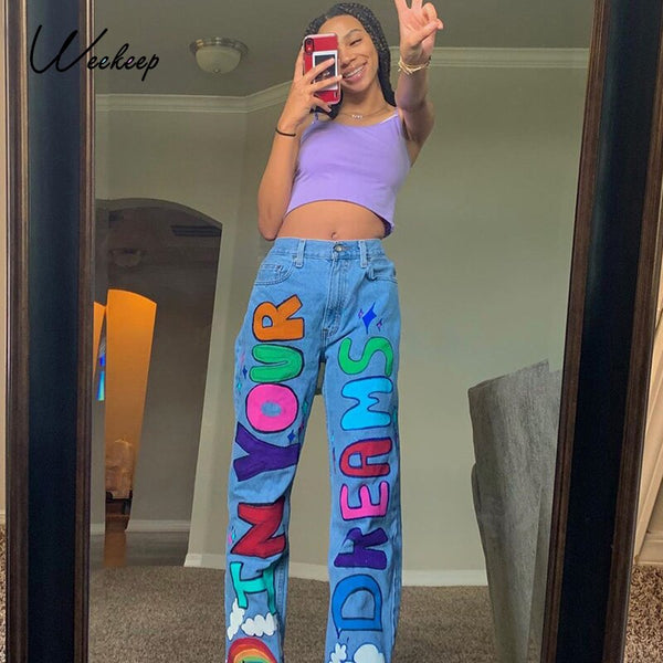 Weekeep Letter Print Fashion Streetwear Jeans Women High Waist Baggy Vintage Straight Trousers  Leisure Female Cargo Denim Pants