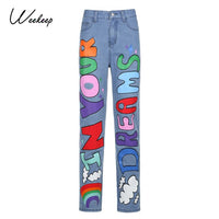 Weekeep Letter Print Fashion Streetwear Jeans Women High Waist Baggy Vintage Straight Trousers  Leisure Female Cargo Denim Pants