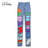 Weekeep Letter Print Fashion Streetwear Jeans Women High Waist Baggy Vintage Straight Trousers  Leisure Female Cargo Denim Pants