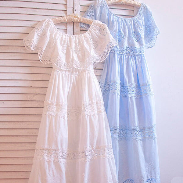 TIYIHAILEY Free Shipping High Quality Cotton Embroidery Dress Summer Long Mid Calf  White Dress Japan Style Slash Neck Dresses