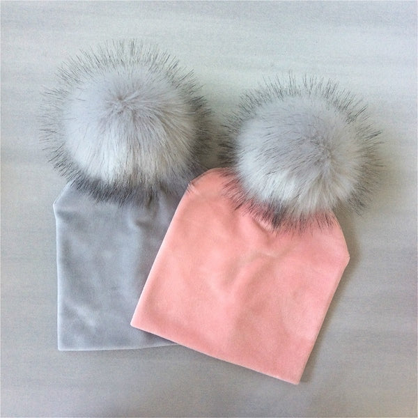Autumn Winter Kids Girls Solid Velvet Hat With Pompon Baby Beanie Pompom Cap Children&#39;s Accessories