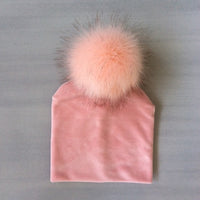 Autumn Winter Kids Girls Solid Velvet Hat With Pompon Baby Beanie Pompom Cap Children&#39;s Accessories
