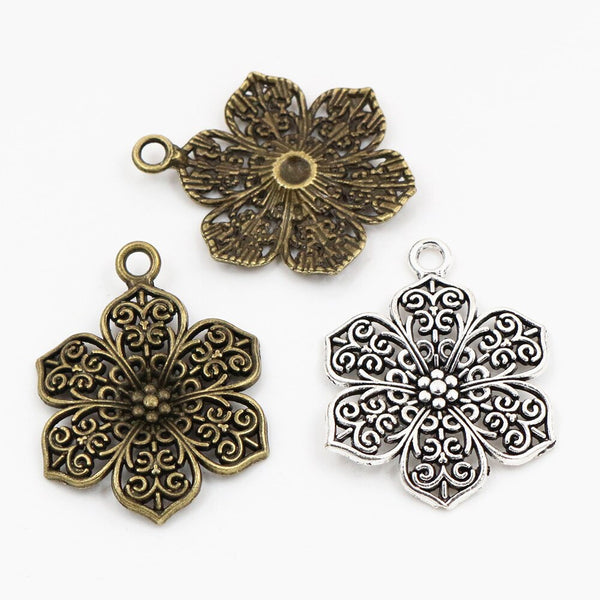 32x24mm 10pcs Antique Silver Plated and Bronze Plated Flower Style Handmade Charms Pendant:DIY for bracelet necklace