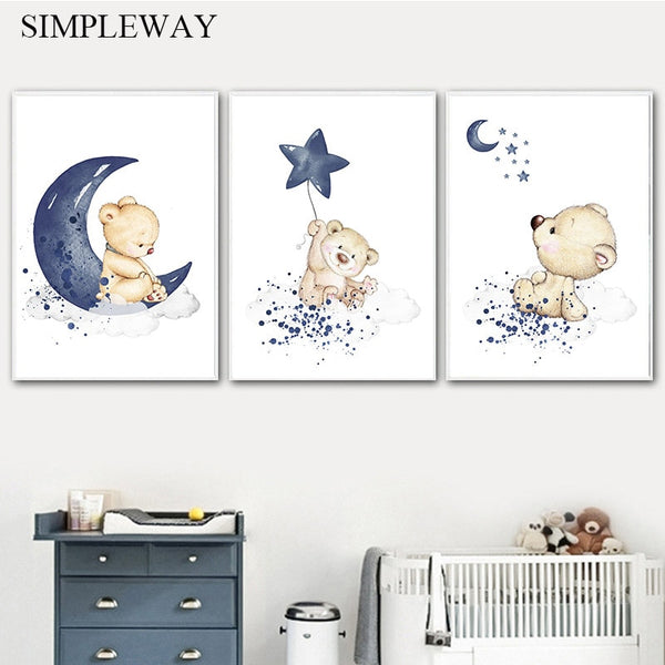 Child Nursery Poster Bear Moon Star Canvas Wall Art Print Animal Painting Nordic Kids Decorative Picture Baby Boy Bedroom Decor