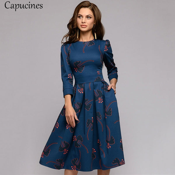 Capucines Navy Blue 3/4 Sleeves Printed Dress Women 2021 Spring Summer Vintage Pocket A-line Casual Dress Elegent Party Vestidos