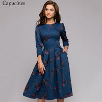 Capucines Navy Blue 3/4 Sleeves Printed Dress Women 2021 Spring Summer Vintage Pocket A-line Casual Dress Elegent Party Vestidos