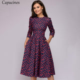 Capucines Navy Blue 3/4 Sleeves Printed Dress Women 2021 Spring Summer Vintage Pocket A-line Casual Dress Elegent Party Vestidos