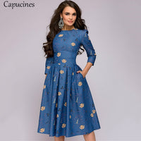 Capucines Navy Blue 3/4 Sleeves Printed Dress Women 2021 Spring Summer Vintage Pocket A-line Casual Dress Elegent Party Vestidos