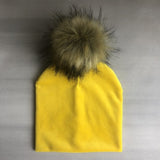 Autumn Winter Kids Girls Solid Velvet Hat With Pompon Baby Beanie Pompom Cap Children&#39;s Accessories