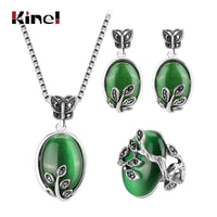 Kinel Natural Green Opal Lucky Tree Rings Earring Pendant Necklace For Women Tibetan Silver Ethnic Vintage Jewelry Sets