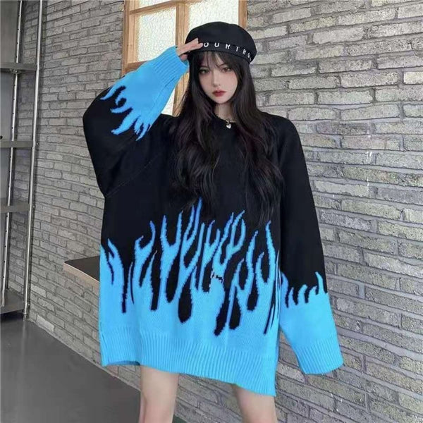 2021 spring new round neck loose sweater female flame jacquard sweater color matching loose ins net red hot selling sweater A077