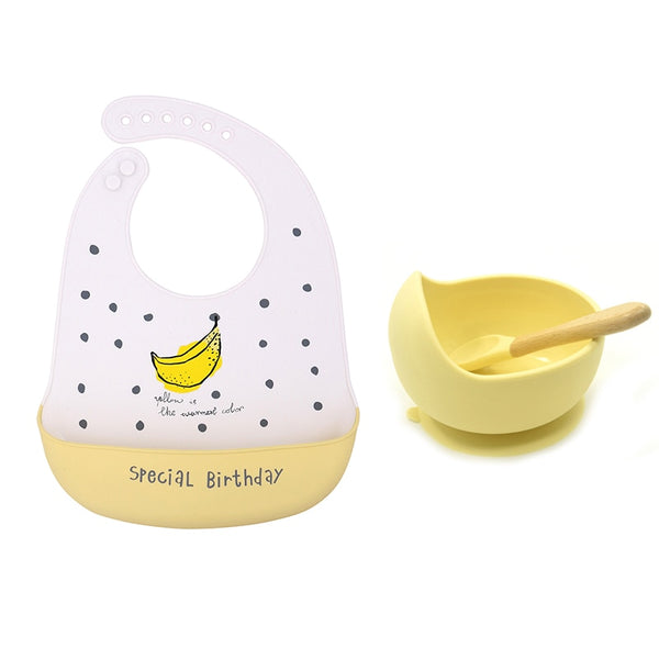 1Set Cute Cartoon Print Baby Bibs Bowls Set Soft Silicone Baby Feeding Non-Slip Bowl Spoon Kids Girl Boy Adjustable Children Bib