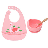 1Set Cute Cartoon Print Baby Bibs Bowls Set Soft Silicone Baby Feeding Non-Slip Bowl Spoon Kids Girl Boy Adjustable Children Bib