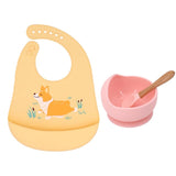 1Set Cute Cartoon Print Baby Bibs Bowls Set Soft Silicone Baby Feeding Non-Slip Bowl Spoon Kids Girl Boy Adjustable Children Bib