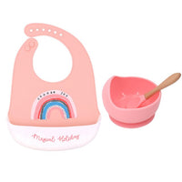 1Set Cute Cartoon Print Baby Bibs Bowls Set Soft Silicone Baby Feeding Non-Slip Bowl Spoon Kids Girl Boy Adjustable Children Bib