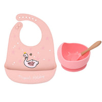 1Set Cute Cartoon Print Baby Bibs Bowls Set Soft Silicone Baby Feeding Non-Slip Bowl Spoon Kids Girl Boy Adjustable Children Bib