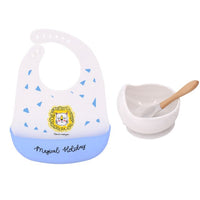 1Set Cute Cartoon Print Baby Bibs Bowls Set Soft Silicone Baby Feeding Non-Slip Bowl Spoon Kids Girl Boy Adjustable Children Bib