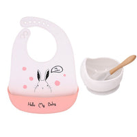 1Set Cute Cartoon Print Baby Bibs Bowls Set Soft Silicone Baby Feeding Non-Slip Bowl Spoon Kids Girl Boy Adjustable Children Bib