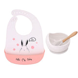 1Set Cute Cartoon Print Baby Bibs Bowls Set Soft Silicone Baby Feeding Non-Slip Bowl Spoon Kids Girl Boy Adjustable Children Bib