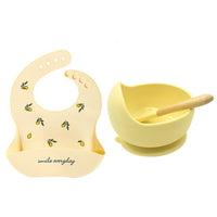 1Set Cute Cartoon Print Baby Bibs Bowls Set Soft Silicone Baby Feeding Non-Slip Bowl Spoon Kids Girl Boy Adjustable Children Bib