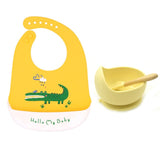 1Set Cute Cartoon Print Baby Bibs Bowls Set Soft Silicone Baby Feeding Non-Slip Bowl Spoon Kids Girl Boy Adjustable Children Bib