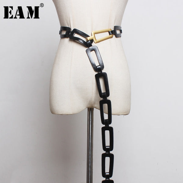 [EAM]  Pu Leather Multicolor Black Split Joint Long Wide Belt Personality Women New Fashion Tide All-match Spring 2022 1N451
