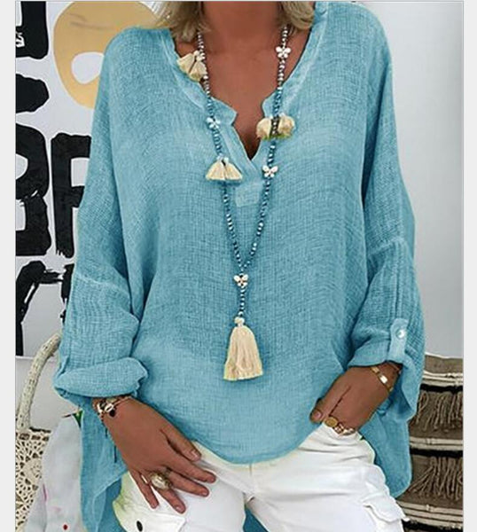 Women's Plus Size Blouse Shirt Solid Colored Long Sleeve Loose Tops cotton Linen V Neck White Black Blushing Pink