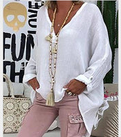 Women's Plus Size Blouse Shirt Solid Colored Long Sleeve Loose Tops cotton Linen V Neck White Black Blushing Pink