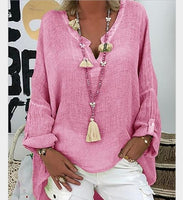 Women's Plus Size Blouse Shirt Solid Colored Long Sleeve Loose Tops cotton Linen V Neck White Black Blushing Pink