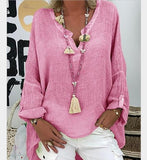 Women's Plus Size Blouse Shirt Solid Colored Long Sleeve Loose Tops cotton Linen V Neck White Black Blushing Pink