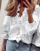 Ruffle Blouse Women Shirt Solid Summer Spring Female Tops Ruffle V Neck Long Sleeve Pineapple Printed Casual Slim Ladies Blouse