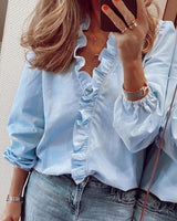 Ruffle Blouse Women Shirt Solid Summer Spring Female Tops Ruffle V Neck Long Sleeve Pineapple Printed Casual Slim Ladies Blouse