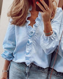 Ruffle Blouse Women Shirt Solid Summer Spring Female Tops Ruffle V Neck Long Sleeve Pineapple Printed Casual Slim Ladies Blouse
