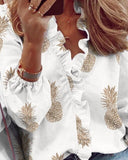 Ruffle Blouse Women Shirt Solid Summer Spring Female Tops Ruffle V Neck Long Sleeve Pineapple Printed Casual Slim Ladies Blouse