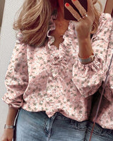 Ruffle Blouse Women Shirt Solid Summer Spring Female Tops Ruffle V Neck Long Sleeve Pineapple Printed Casual Slim Ladies Blouse