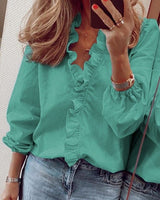 Ruffle Blouse Women Shirt Solid Summer Spring Female Tops Ruffle V Neck Long Sleeve Pineapple Printed Casual Slim Ladies Blouse